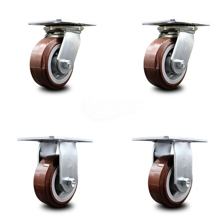 Service Caster 5 Inch Polyurethane Caster Set with Roller Bearings 2 Swivel 2 Rigid SCC SCC-35S520-PPUR-2-R-2